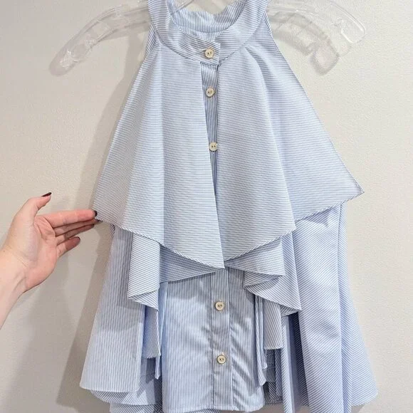 CAROLINE CONSTAS Like New Adrie Striped Ruffle Blouse L Blue White Sleeveless - Picture 6 of 14